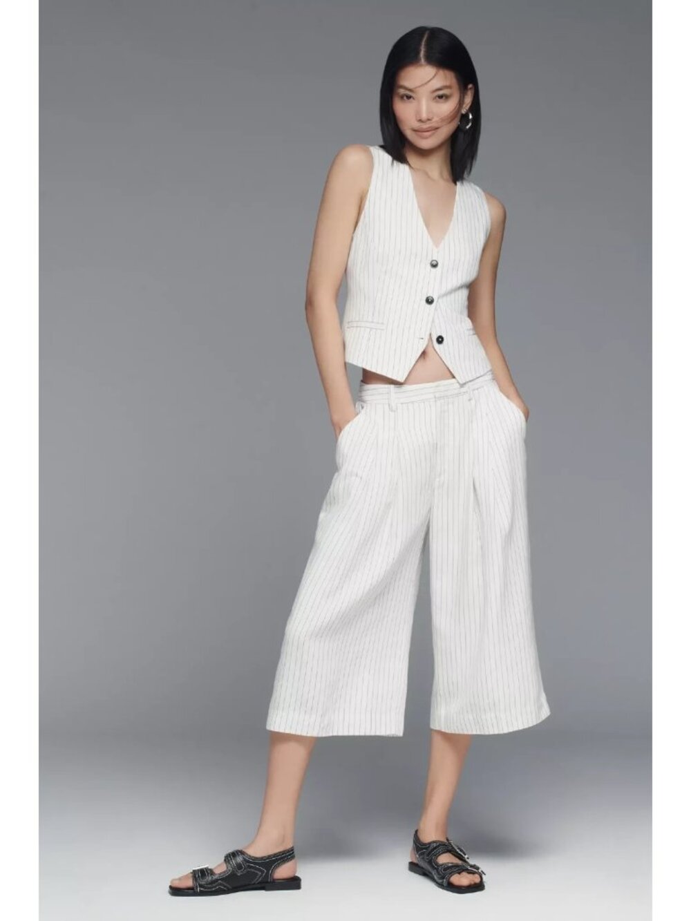 NWT Size MP - The Avery Pleated Wide-Leg Trousers Linen blend Culotte (US$ 148)